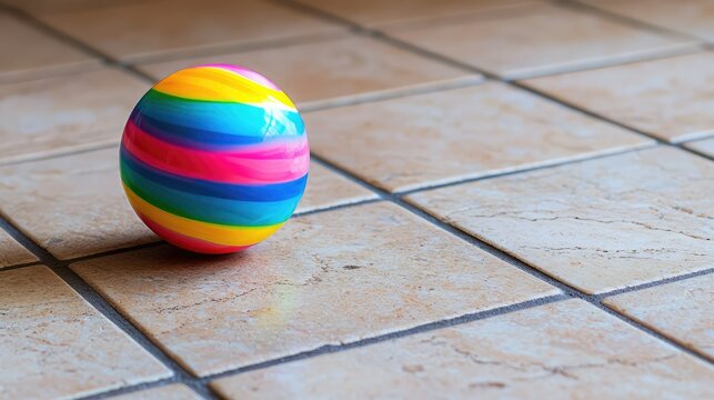 \A single toy bouncy ball, with vibrant stripes, sitting on a tiled floor.