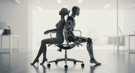Human and Robot Sitting Back-to-Back in Modern Office  