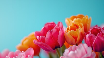 Vibrant Colorful Tulips in Bloom Against a Soft Blue Background for Spring and Floral Inspiration