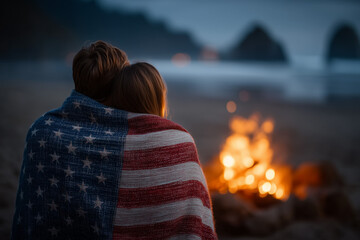 Couple wrapped in American flag blanket sitting by beach bonfire at dusk
