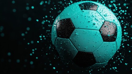Fototapeta premium Vibrant Water Splashing Off a Turquoise Soccer Ball in a Dark Background Capturing Dynamic Motion and Energy