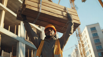 Construction Worker Carrying Wooden Planks