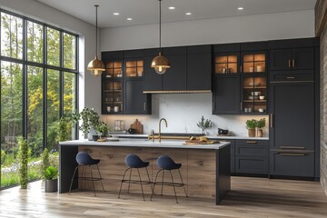Obraz premium Modern dark kitchen design with large windows.