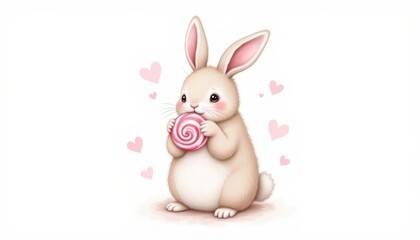 Cute bunny indulges in a sweet lollipop treat, delightful springtime scene adorable