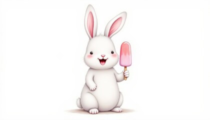 Adorable white rabbit indulges in a delightful pink ice cream treat on sunny day