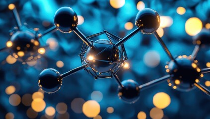 Complex molecular structure,  metallic spheres and connecting rods, glowing center, bokeh effect