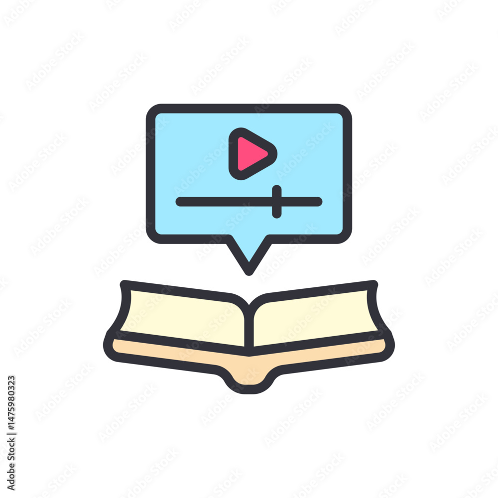 Poster open book displaying video tutorials for interactive learning experience