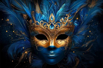 Fototapete Rund A stunning luxury carnival mask adorned with vibrant blue feathers. © EBBE