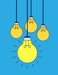 Four hanging yellow light bulbs with one bulb glowing brightly, symbolizing ideas, creativity, and innovation cartoon vector illustration