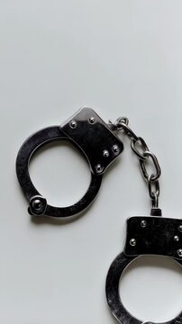 Metal handcuffs against a white background depicting themes of crime, security, and detainment or law enforcement and justice