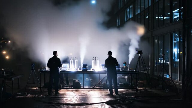 Engineers working in a modern industrial environment with smoke and blue lighting.