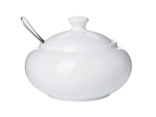 Elegant white teapot with spoon, a serene still life of kitchen simplicity