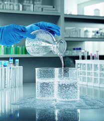 A gloved hand pours sparkling water into two clear glass beakers. Laboratory setting with various scientific equipment in the background