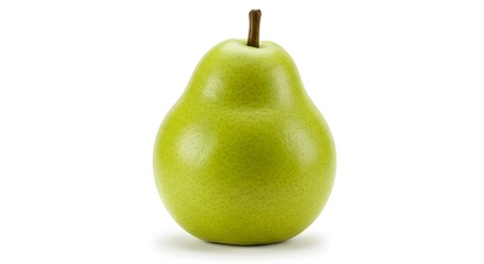 A green pear placed on a white background, angled to emphasize its natural imperfections and lifelike texture.
