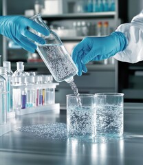 Hands in blue gloves transfer clear liquid from a glass bottle into two beakers.  Laboratory setting with various test tubes and equipment