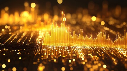 Fototapeta premium Golden Data Visualization: A 3D Abstract Financial Chart Illuminated Against a Cityscape Backdrop