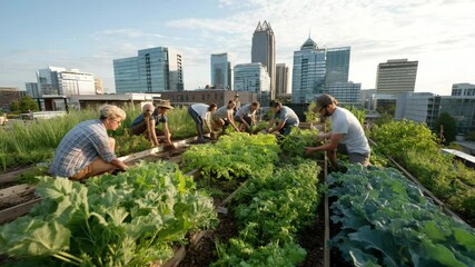 Urban farming on rooftops, showcasing community gardening and sustainable practices.