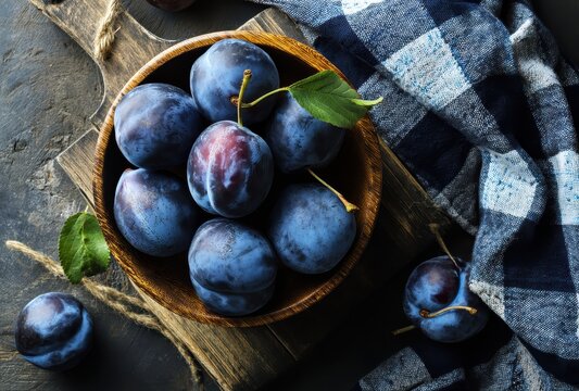 Fresh Blue Plums in a Wooden Bowl with Green Leaves on a Dark Stone Table Surrounded by a Checkered Cloth for Healthy Lifestyle and Nutrition Themes