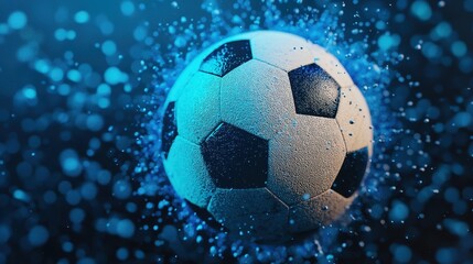 Fototapeta premium Dynamic Soccer Ball in Motion Surrounded by Water Splash and Light Effects for Sports and Action Themes