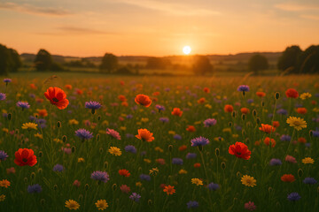Fototapeta premium Wildflower field at sunset with vibrant colors and golden sunlight, peaceful nature landscape