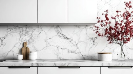 Modern kitchen design with marble backsplash and red accents.