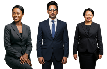 Studio portrait of three diverse business professionals: a young adult Black woman, a young adult South Asian man, and a middle-aged Indigenous woman with a facial tattoo, all wearing suits.