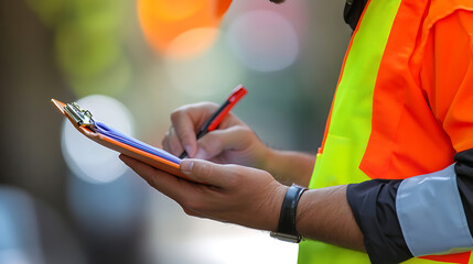 Construction Worker Writing on Clipboard