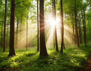 Fototapeta premium Forest background with magical soft sun rays, summer or spring scenery. A natural background. Morning in the woods