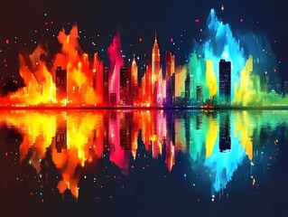 A Vibrant Metropolis: An Abstract Cityscape Reflection on Water's Surface