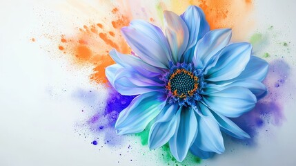 Obraz premium A soft blue flower with neon green, orange, and purple paint bursts surrounding it, set against a contrasting white or light gray backdrop.