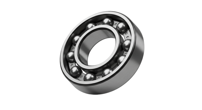 A close up view of a metal ball bearing with shiny metal balls on a black background studio shot