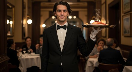 Obraz premium Waiter in Black Tuxedo Holding Food Tray