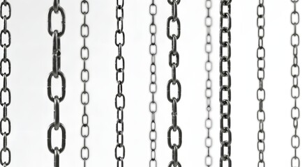Multiple Metal Chains Hanging Isolated on White Background
