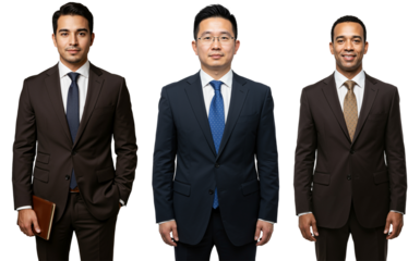 Studio portrait of three diverse young adult to middle-aged professional businessmen in suits standing against a transparent background