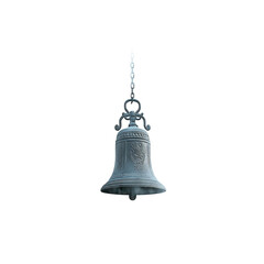 Fototapeta premium Ornate Metal Bell Hanging from Chain Against Black Background