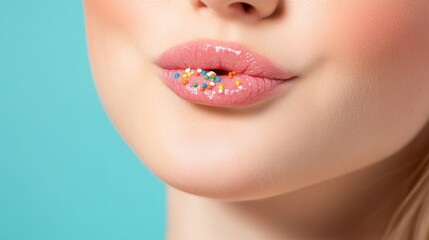 Naklejka premium Close-up of woman's lips covered in colorful sprinkles