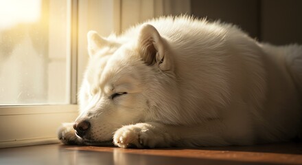 Fototapeta premium Sleeping White Dog Near Window