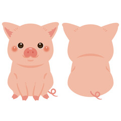 お座りしたブタの前後イラストセット