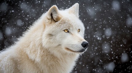 Fototapeta premium Majestic arctic wolf, snow falling. Intense gaze, brilliant eyes