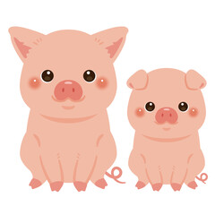 お座りしたブタの親子イラスト1
