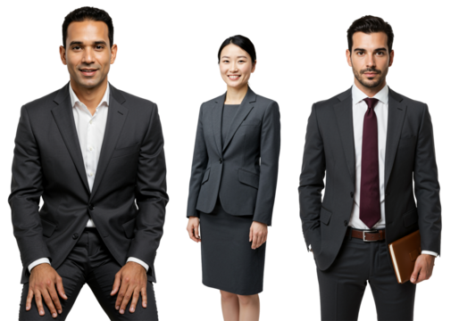 Diverse group of three young adult business professionals, two men and one woman, wearing dark suits and standing confidently against a black studio background.