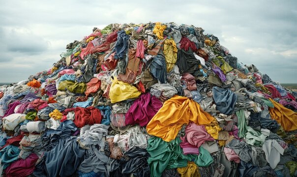 Landfill full of thrown-away clothes representing fast fashion waste and environmental sustainability crisis
