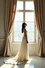 Fototapeta premium Elegant bride in flowing gown stands near window, sunlight illuminating her dress