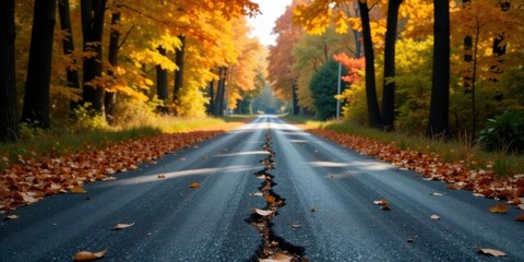 Fototapeta premium Autumnal Roadway Through Golden Canopy A Scenic Drive Adorned with Fallen Leaves