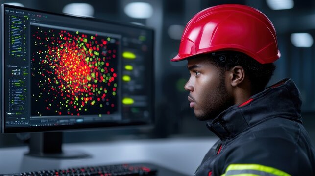 Focused Male Engineer Analyzing Data on Computer Screen in Industrial