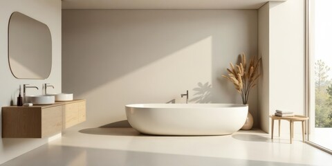 Fototapeta premium Serene Minimalist Bathroom Design with Freestanding Tub and Oak Vanity