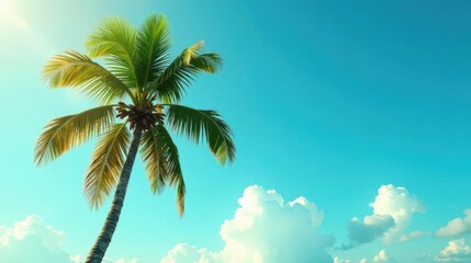 Tropical Paradise A Single Palm Tree Silhouetted Against a Vivid Azure Sky and Puffy White Clouds