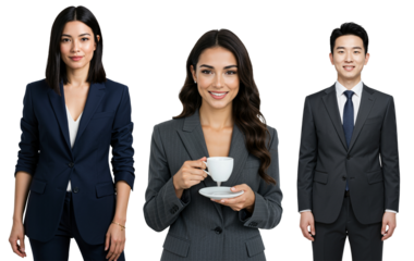 Diverse group of three young adult business professionals, two women and one man, wearing suits and smiling, one woman holding a coffee cup, isolated on transparent background.