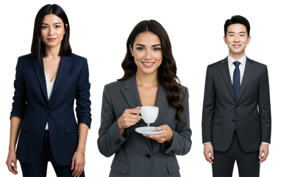 Diverse group of three young adult business professionals, two women and one man, wearing suits and smiling, one woman holding a coffee cup, isolated on transparent background.