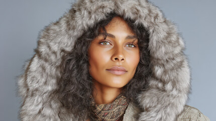 Faux fur hooded coat stylish outerwear winter fashion model portrait natural beauty warm clothing cozy attire urban style textured fabric fashionable look soft material elegant design casual wear